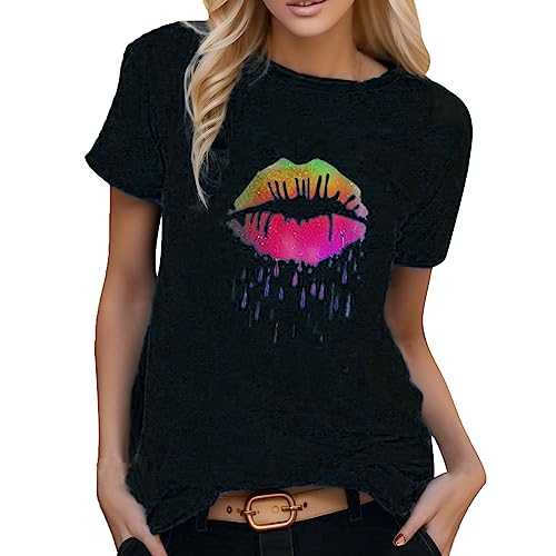 80s Fancy Dress Women, Women 80s T-Shirt Short Sleeve Fancy Dress Costume Sexy Lips Printed Casual Jumper Pullover Tunic Top