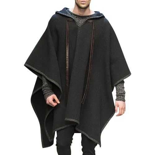 Gsywaipei Men's Hooded Poncho Vintage Hoodie Ponchoes Cape Pullover Coat Sweatshirts Retro Casual Cloaks Wool Overcoat