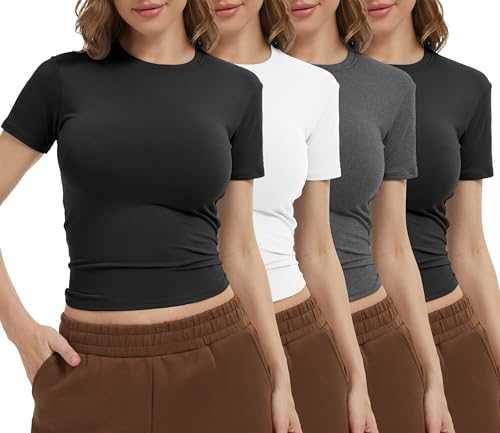 Dalavch 1/4 Pack Women's Fitted Basic T-Shirts Short Sleeve Slim Fit Crew Neck Casual Fashion Crop Tops Tees Shirts
