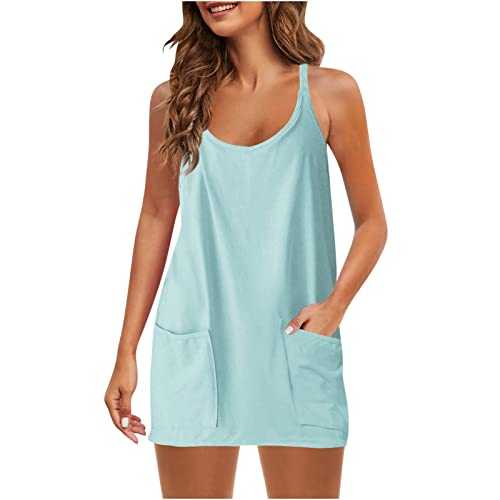 RLEHJN Strappy Summer Dresses for Women UK Plain Short Tunic Dresses U Neck Casual Dress with Pockets Solid Color Sleeveless Sundress Cover Ups Vacation Daily Party Dresses Beach Wear