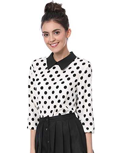 Allegra K Women's Polka Dots Contrast Peter Pan Collar Top 3/4 Sleeves Blouse Shirt