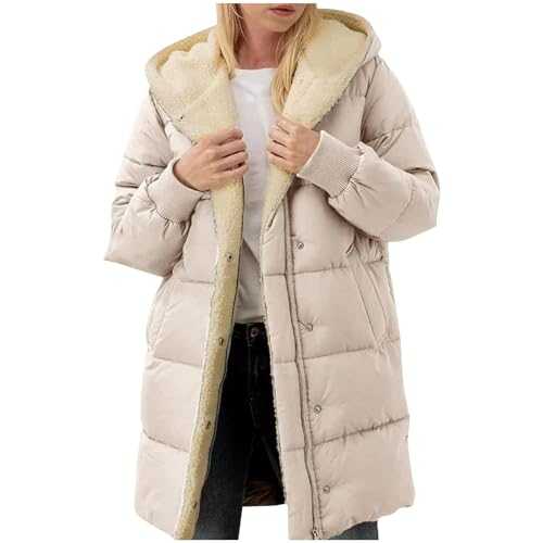 Women's Winter Warm Jacket Quilted Padded Coat Fleece Lined Overcoat with Pockets Long Sleeve Button Down Trench Coat Solid Hooded Outwear Ladies Thickened Comfy Outerwear