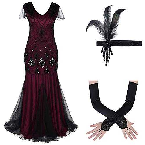 Odizli Women Vintage 1920s Flapper Fancy Dress Sleeveless V Neck Art Deco Inspired Sequin Fringe Beaded Cocktail Party Evening Prom Gown