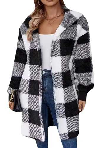 YMING Checked Fleece Coat for Women Fleece Plaid Long Cardigan Casual Checked Jacket Winter Coat