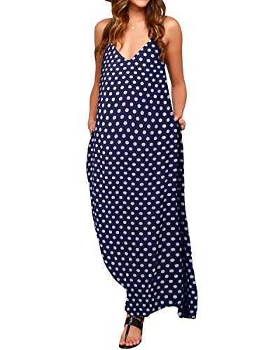 ZANZEA Women's V Neck Long Maxi Dress Sleeveless Baggy Polka Dot Boho Casual Beach Dress Kaftan Dark Blue UK 20