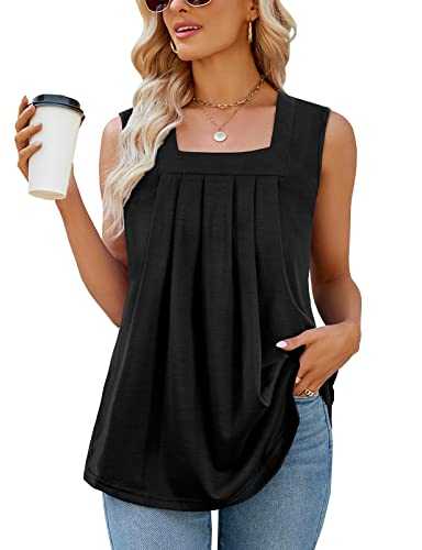 Summer Tank Tops for Women Loose Fit Pleated Square Neck Curved Hem Flowy Sleeveless Tops
