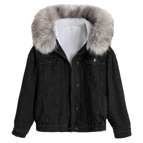 AMhomely Womens Oversized Puffer Jackets Hooded Winter Warm Thickened Plush Denim Jacket With A Hat Thickened Plush Collar Thick Padded Parkas Jacket Fleece Oversized Down