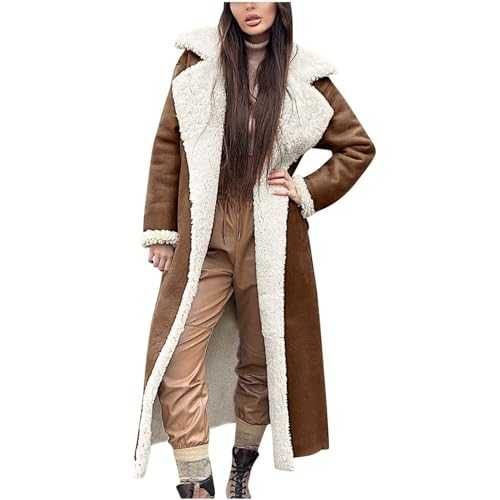 Women's Winter Warm Sherpa Lined Suede Overcoat Lapel Trench Coat Oversized Open Front Long Cardigan Outerwear, Winter Jackets for Women UK Clearance