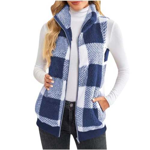 Fleece Gilet for Women UK Plaid Fur Gilet Teddy Zip Up Vest Sherpa Fluffy Waistcoat Body Warmer Lightweight Cozy Gilets Ladies Winter Warm Jacket with Pocket Fuzzy Sleeveless Coat Checked Outwear