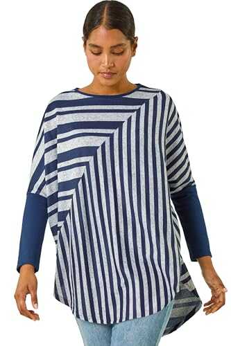 Roman Originals Contrast Stripe Stretch Jersey Top for Women UK - Ladies Everyday Autumn Winter Round Neckline Comfy Soft Evening Vacation Work Party Night Out