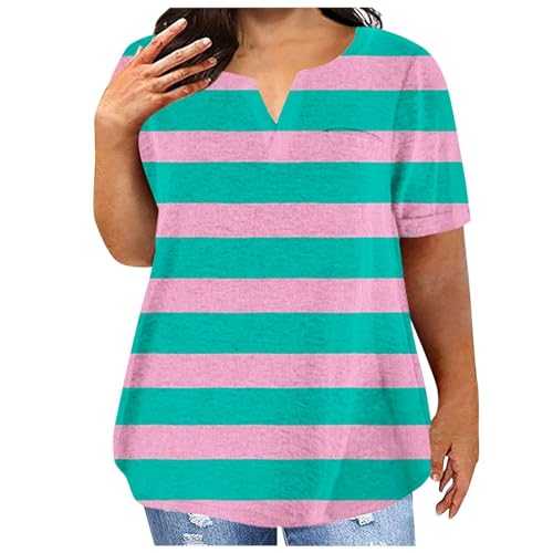 Women Striped Pattern Casual Plus Size V Neck Pocket Short Sleeve Loose Top Glitter Blouses Women Black