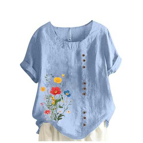 Womens Linen Shirt Tops Short Sleeve Casual Button Down Blouses Round Neck Loose Tees Dressy Blouse Office Work Ladies Tops Comfy Plus Size Print T-Shirt 2025