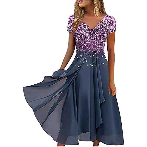 AMhomely Womens Elegant Dress Sequin Short Sleeve V Neck Swing Dress A Line Flare Dress Skater Dress Summer Floral Printing Dress Pleated Flowy Dresses Mother of The Bride Dress Skater Dress