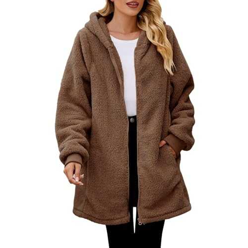 NSICBMNO Long Jackets For Women Uk With Pockets Winter Fleece Jackets Full Zip Hoodies Fluffy Coats Oversized Cardigans Longline Coats Teddy Fleece Lined Hoodies Warm Baggy Cardigan Soft Coats
