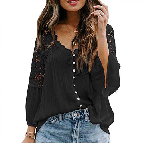 CHAOEN Womens Chiffon Blouse Long Sleeve Floral Lace V Neck Buttons Up Shirts Tunic Tops Ladies Loose Fit Henley T-Shirt