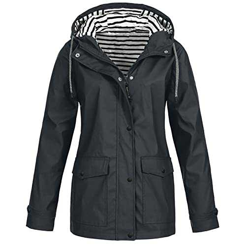 Women Waterproof Jacket with Hooded Lightweight Raincoats Sports Hoodie Trench Coats Ladies Outdoor Rain Jackets Casual Loose Solid Rain Coats Pockets Full Zip Running Jacket Outwear Plus Size 8-22