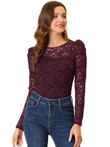 Allegra K Women's Vintage Semi Sheer Puff Long Sleeve Embroidery Blouse Lace Top