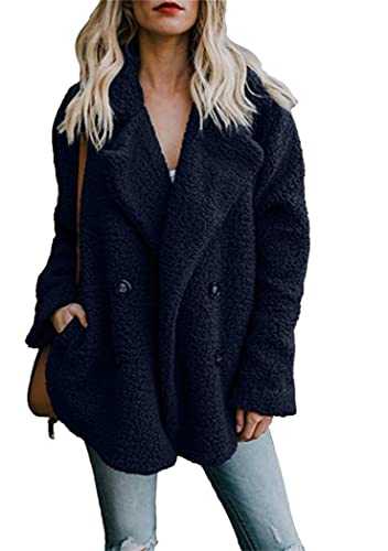 OMZIN Women's Coat Faux Fur Lapel Long Sleeves Outwear Front Welt Pockets Double Breasted Coat S-5XL