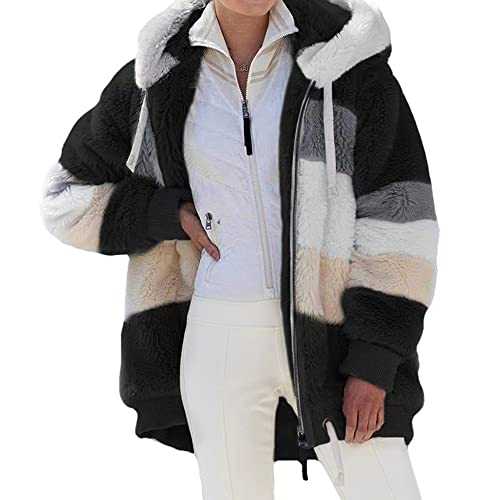 Women Coat Jacket Hooded Solid/Color Block Flannel Fleece Lined Plus Size Pocket Loose Zipper Warm Outerwear