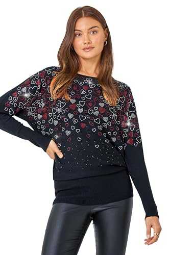 Roman Originals Women Diamante Embellished Jumper Ladies Sparkly Sweater Batwing Autumn Winter Sparkle Knit Knitwear Glittery Casual Evening Going Out Party Round Boat Neck