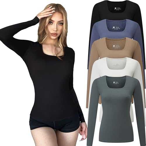 FMNNNN 5pcs Women's Ribbed Long Sleeve Slim Fit T Shirt Square Neck Bodycon Crop Tunics Going Out Tops