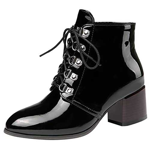 MJIASIAWA Women Lace Up Winter Block Heel Ankle Biker Boots Patent