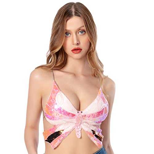 Sequin Butterfly Crop Tops Belly Dance Costume Festival Club Sexy Tank Halter Bandage Tops