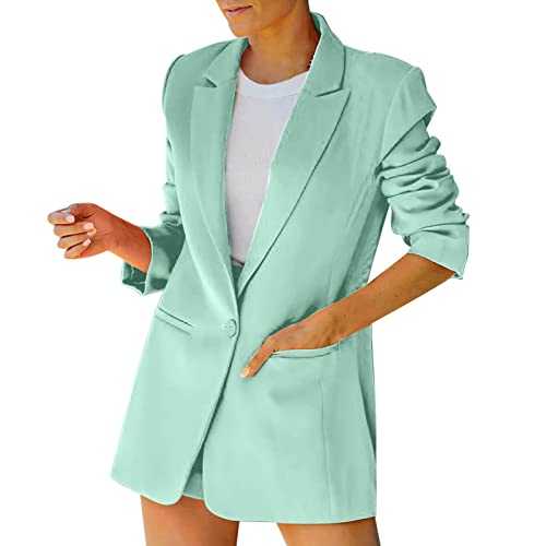 Women Blazer Open Front Fashion Long Sleeve Business Work Casual Suit Jackets Lightweight Cardigan Notched Collar Coat Blue Wool Women