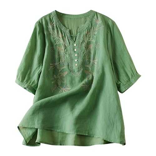 T Shirts for Women Uk Plus Size Vintage Floral Embroidery Long Sleeve Button Up Breathable Cotton Linen Shirt Full Length Long Sleeve Top Womens Loose Blouse