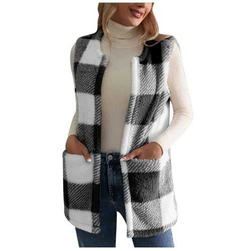 Zeiayuas Women Sherpa Fleece Vest Jackets Check Gilet Zip up Waistcoat Plaid Tartan Sleeveless Jacket Lightweight Body Warmer Fuzzy Teddy Coat Plush Warm Gilet Winter Outwear with Pockets