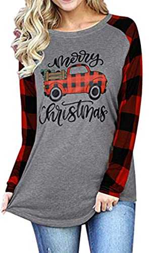 Merry Bright Christmas T Shirt Women Plaid Leopard Christmas Tree Graphic Shirt 3/4 Splicing Baseball Tee