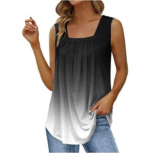 Tie Dye Tank Tops Women UK,Ladies Vest Tops Sale Sleeveless Gradient Square Neck Summer Tops Going Out Party Elegant Loose T Shirt Longline Blouse Pleated Flounce Tunic Cami Shirts Camisoles Tank Top