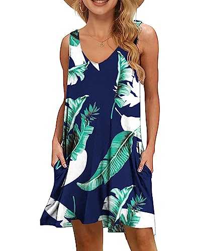 WNEEDU Women's Summer Beach Dresses Casual Sleeveless Cover Ups V Neck Swing Tank Dress wtih Pockets