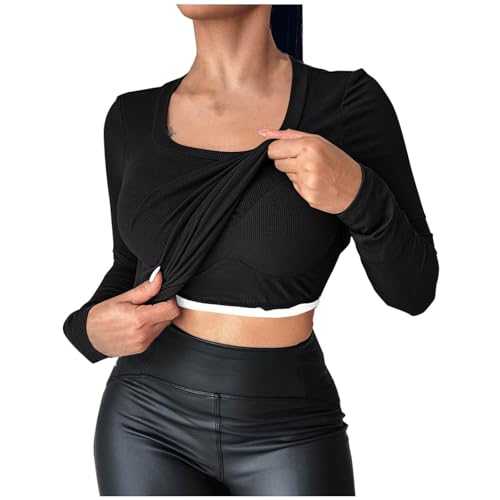 Womens Long Sleeve Ribbed Tops U-Neck Built-in Bra T Shirt Soft Slim Fit Basic T-Shirts Soft Sexy Underwear Free Cutting Base Layers Casual Solid Blouses Outfits S-XXL