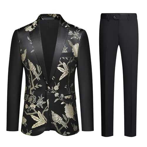 Mens 2 Piece Suit Floral 1 Button Tuxedo Suit Slim Fit Dress Suit Blazer Trousers Wedding
