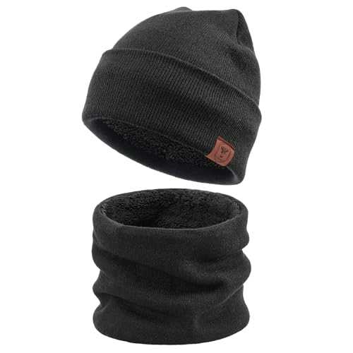 OZERO Winter Beanie Hat Scarf Set: Thermal Thickened Fleece Lining Knit Hat and Neck Warmer for Skiing Runing Cycling Snow Day Warm Gifts for Men and Women - Black/Grey