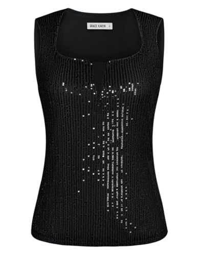 GRACE KARIN Sequin Tops for Women UK Sparkly Square Neck Sleeveless Shirts Dance Club Tops