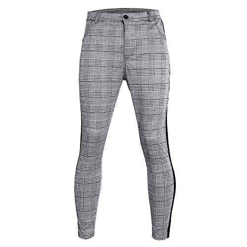 LUCKME Men's Casual Trousers Plain Check Skinny Stretch Jogger Bottoms with Elastic Waist Chino Sweatpants Lightweight Sports Bodybuilding Workout Running Tracksuit Pants
