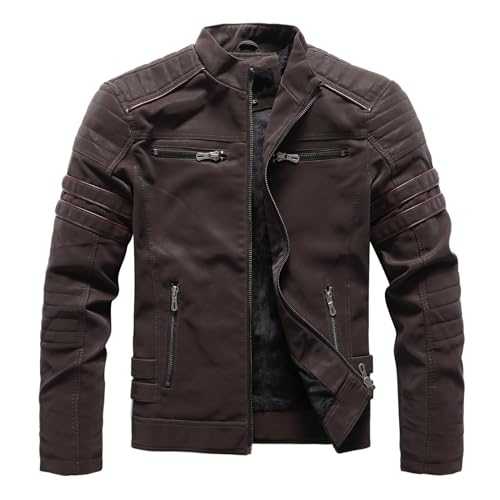 Leather Jacket Mens - Brown Leather Winter Jacket Faux Leather Jacket Tactical Jacket Biker Cross-Country Jacket Waterproof Warm Windbreaker Bomber Slim Fit Retro Style Zipped Biker Jacket