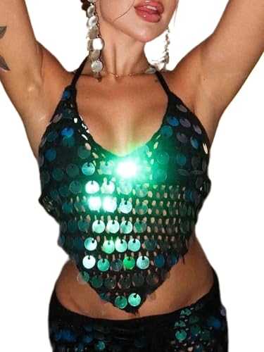 Women's Sparkling Sequins Halter Neck Vest Sleeveless Open Back Tie-Up Glitter Shiny Tops Cropped Slim Fit Streetwear