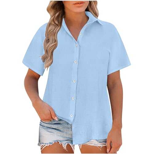 Women Blouse and Shirts UK Clearance Short Sleeve Tops Linen Button Down Shirts Tops Lapel Neck Elegant Tops Business Casual Office Work Loose Blouse Top Ladies Comforty Cotton Linen Tops S-5XL