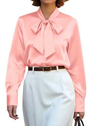 CBOO Women's Bow Tie Neck Button Down Shirts Silk Blouses Long Sleeve Elegant Satin Blouse Casual Dressy Business Tops