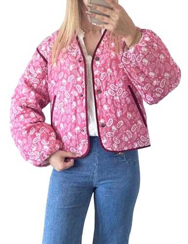 Women's Floral Print Vintage Lightweight Jacket Button Down Quilted Padded Coat Y2k Puffer Cardigan Fall Winter Outerwear