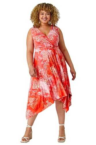 Roman Originals Curve Paisley Hanky Hem Stretch Dress for Women UK - Ladies Everyday Holiday Spring Summer V Neckline Comfy Soft Evening Vacation Work Party