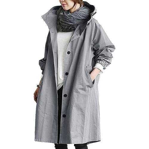 Womens Casual Trench Coat Mid-Length Rain Jacket Waterproof Lightweight Outdoors Snap Button Down Cardigans Jacket Loose Comfortable Hooded Outwear Elegant Wild Winter Windbreaker Sale Clearance