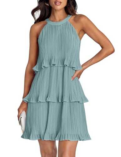 ZESICA Women's 2024 Summer Halter Dresses Sleeveless Ruffle Tiered Layered Chiffon Pleated A Line Swing Mini Dress