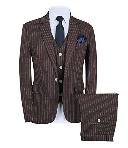 CALVINSUIT Men's Pinstripe 3 Pieces Suit Slim Fit Stripe Notch Lapel Jacket Tuxedo