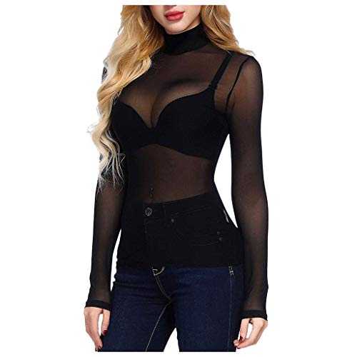 GIIWAKI Mesh Tops for Women Long Sleeve Sheer Tops Blouse Shirt Mock Neck Clubwear Lace Top See Through Tops Tee Shirt Blouse Clubwear