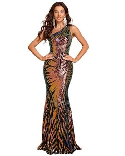 Giffniseti Women's One Shoulder Holographic Sequin Dresses Evening Gown Formal Prom Maxi Dress