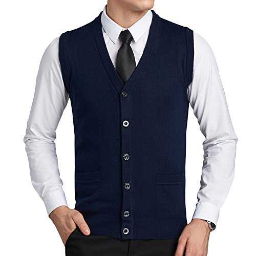 FULIER Mens Wool V-Neck Gilet Sleeveless Vest Waistcoat Classic Gentleman Knitwear Cardigans Knitted Sweater Tank Tops with Buttons